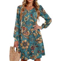 Ladies' Printed Casual And Fashionable V-neck Long Sleeved Mid Length Dress L mėlyna