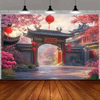 2D Chinese Temple Gate Backdrop Spring Festival Photography Banner 47.2x31.5inch/120*80cm