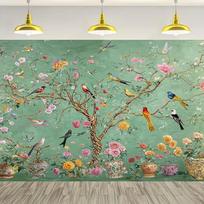 2D Green Chinoiserie Floral Bird Backdrop, Vintage Style Background for Studio & Party Photoshoot 47.2x31.5inch/120*80cm