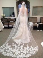 Korean Lace Applique Floor-Length Wedding Veil (3m) - Exquisite Soft Gauze for New Brides, White/Off-White 3m, 2-Row Lace pilkšvai balta