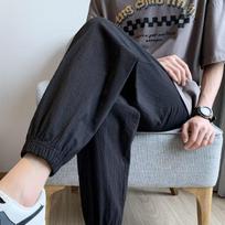Men's Lightweight, Loose-Fit Summer Casual Cotton-Linen Sweatpants: Solid-Color, High-Waisted, Cropped, Cuffed Pants for Young Men XS juoda