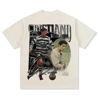Retro Juodi Cristiano Ronaldo Sporting CP Futbolo Žvaigždės Vintažinis Koliažas Grafinis Per dideli Atrodo Laisvi Medvilniniai Trumpomis Rankovėmis Marškinėliai 4XL