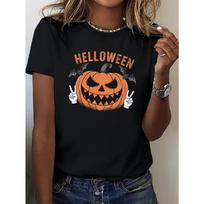 Women's White Halloween T-Shirt Costume Sleeve Pure Top with Print Pumpkin Bat Peace Sign Design Aesthetic Clothes S
