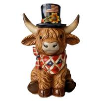 Resin Bull Figurine with Star Pattern Bandana and Decorative Hat Sitting Statue for Home Garden Tabletop Ornament