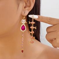Vintage Inlaid Rhinestone Cat Fish Waterdrop Tassel Asymmetric Earrings For Women Men Trendy Cute Animal Kitten Earring Jewelry