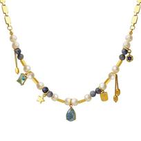 Collar con colgante de perlas naturales y piedras geométricas, cadena de acero inoxidable multicapa