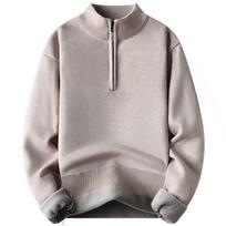 Men's Casual Solid-color Semi-zipper Knitted Sweater , Semi-high-neck Long-sleeved Warm Pullover Sweater M chaki