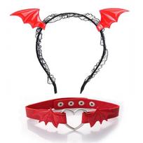 Chic Bat Wings Headband & Choker Costume Kit Hairband for Party Halloween Fancy Dress Cosplay Unisex Kids Adult raudona