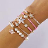 5/6/8 Pcs/Set Bohemian Pink Rice Beads Starfish Pendant Bracelets for Women Sweet Stacked Bracelet Summer Beach Holiday Jewelry
