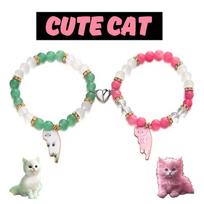 New Style Cute Cat Pendant Bracelet for Women Men 2PCS Fashion Beaded Heart Magnetic Matching Bracelet Unique Couple Jewelry