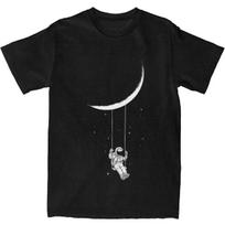 Vintage T-Shirt Funny Astronaut 100 Cotton T-Shirts Moon Swing Leisure Tshirt for Couple Summer Short Sleeve Tops S