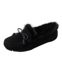 Bowtie Fur Mocasines Women Mink Hair Boots Winter Plush Warm Flats Genuine Leather Loafers Femmes Shearling Cotton Shoes 35 juoda