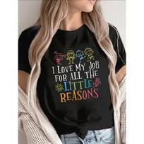 Women's Black T-Shirt/Colorful Cartoon Design/Love for One's Job/Ideal for Teachers, S juoda