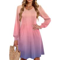 Ladies' Printed Casual And Fashionable V-neck Long Sleeved Mid Length Dress M smėlis