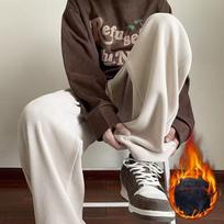 Men's Autumn Winter Hong Kong-Style Loose Plus-Size Straight-Leg Casual Pants Fashionable Simple Fleece-Lined Wide-Leg Pants M