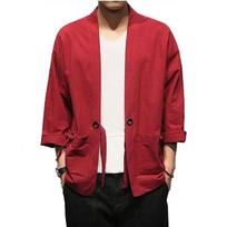Men Japanese Fashion Cotton Blend Linen Cardigan Samurai Embroidered Kimono Jacket L raudona