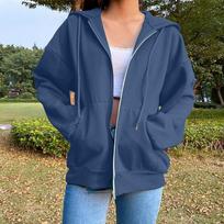 Women's Casual Oversized Zip-Up Hoodie Sweatshirt with Pockets - Soft and Comfortable Fleece Jacket S tamsiai mėlyna