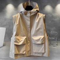 Men's and Women's Hong Kong Style Hooded Vest - Spring & Summer Japanese Casual Loose Fit Outerwear XL chaki