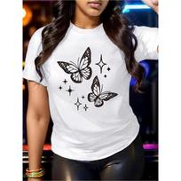 Wo Butterfly  Stars Print T-Shirt Fit Short Sleeve Round Neck Casual Summer Tee Breathable Base S