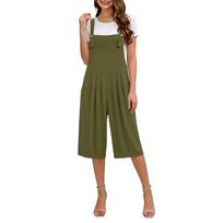 Women’s Loose Fit Wide Leg Bib Overalls Sleeveless Adjustable Strap Jumpsuit with Front Button for Casual Wear L armijos žalia spalva