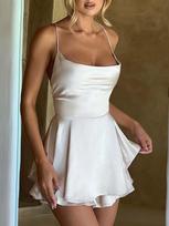Satin Silk Women Sexy Cami Playsuits Dress Solid Cowl Neck Sleeveless Short Jumpsuits Summer Cross Tie-Up Backless Romper S