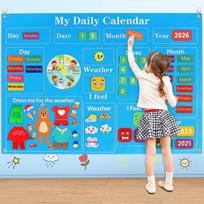 Children's calendar busy board, daily learning felt board teaching supplies, time, season, weather awareness wall calendar mėlyna