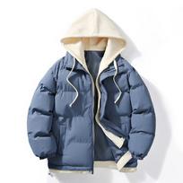Hong Kong Style Winter Cotton Clothes Fake Two Pieces Trendy Handsome Short Men's Hooded Thickened Cotton-padded Clothes Hooded Loose Men's Insurance M šviesiai mėlyna spalva