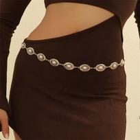 Retro Floral Carving Geometry Waist Chain for Women Trendy Metal Oval Imitation Pearls Body Chain Suit Pants Jewelry Accessories
