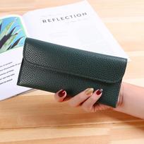 Women's Fashion Wallet - Long Leather Handbag, Card Holder, Coin Purse with Simple Buckle Design. tamsiai žalia spalva