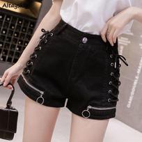 Women Designer Shorts Bandage Zipper Sexy Hot Girls Club-wear Harajuku Slender Denim Hipster Teenagers Summer Popular All-match S juoda