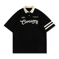 American Retro Lapel Short-sleeved T-shirt Tide Hong Kong Style Loose Couples Sports Loose Short-sleeved S juoda