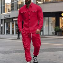 Men's Casual Tracksuit Set with Zip-Up Hoodie and Cargo Jogger Pants In Khaki, Black, Red, Light Grey, Dark Grey M raudona