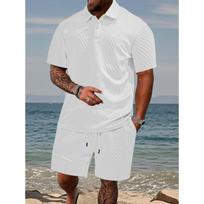 Men's Casual Herringbone Pattern Polo Shirt and Drawstring Shorts Set S balta