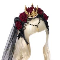 Gothic Antelope Sheep Horn Headband Rose Flower Gothic Hair Hoop Lace Tiara Decor Cosplay Hair Accessories Headpiece 1 raudona juoda spalva