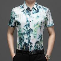 Men's Summer Hong Kong Style Loose Collar Top Men's Short Sleeved Shirt Men's Shirt 2XL žalia