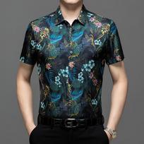 Men's Summer Hong Kong Style Loose Collar Top Men's Short Sleeved Shirt Men's Shirt 2XL mėlyna