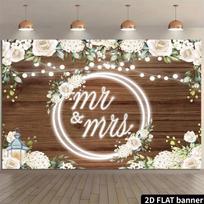 2D Mr & Mrs Wedding Banner, Rustic Wood White Floral Backdrop for Engagement & Wedding Party 70.9x43.3inch/180*110cm white