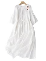 Vasarinės Vintažinės Siuvinėtos Vienspalvės Ilgos Suknelės Moterims Laisvalaikio Kvėpuojančios Baltos Plonos Suknelės Femme Robe Elegantiški Drabužiai S balta