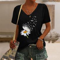 Women's T Shirt Print Butterfly Dandelion Basic Short Sleeve V Neck Regular Tops Weekend Blue Black Pink Purple Green Summer S