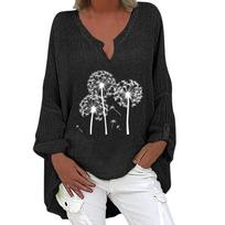 Women's Autumn Winter Dandelion Print V-Neck Cotton Linen Long Sleeve Shirt M juoda