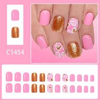 Sweet Pink White Heart Gold Glitter Short Square Fake Nails 24Pcs Valentine Party Wear raudona