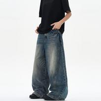 Unisex American Retro Blue Washed Scythe Lace-up Baggy Jeans 2XL retro mėlyna spalva