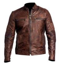Noora Men's Antique Brown Leather Biker Jacket Designer Handmade Quilted Jacket With Zipper XS