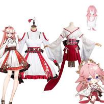 Yae Miko Lolita Suknelė Plaukai Perukas Cosplay Kostiumas Helovino karnavalinis kostiumas Vaidmenų žaidimas Moteriškų drabužių maskavimas L-(Costume+Wig)