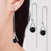 Beautiful Triangle Geometric 925 Sterling Silver Jewelry Long Exaggerated Natural Black Crystal Tassel Dangle Earrings   E184