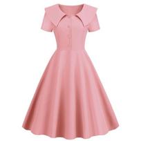Women's temperament retro dress lapel short sleeve slim fit pure color A-word dress S rožinė