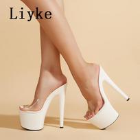 Fashion Liyke Sexy Peep Toe Party Stripper Pole Dance Shoes Extreme High Heels Transparent Slippers Women Platform Sandals Zapatos Mujer 35 balta
