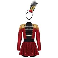 Kids Ringmaster Halloween Costume Set: Sparkling Sequin Bodysuit, Mini Top Hat & Feather Headband for Easy Dress Up & Role Play 5-6 Years raudona