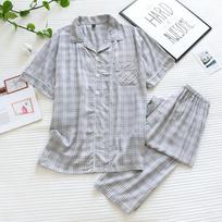 Updated Mens Short-sleeved Trousers Pajamas Two-piece 100 Viscose Spring and Summer Thin Plaid Large Size Home Service Cover M