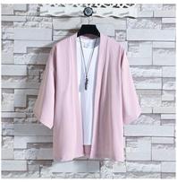 Men's Lightweight Kimono Jacket Women Seven Sleeve Open Front Cardigan Coat Japanese Style Bathrobe M rožinė